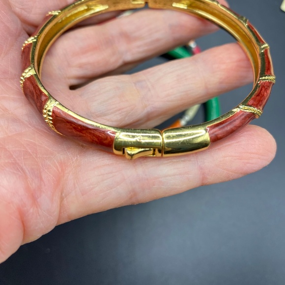 Bracelet Bangle Lot Of 3 Glass Bangle Enamel Hinged Green Orange Casual Bundle - Picture 3 of 8